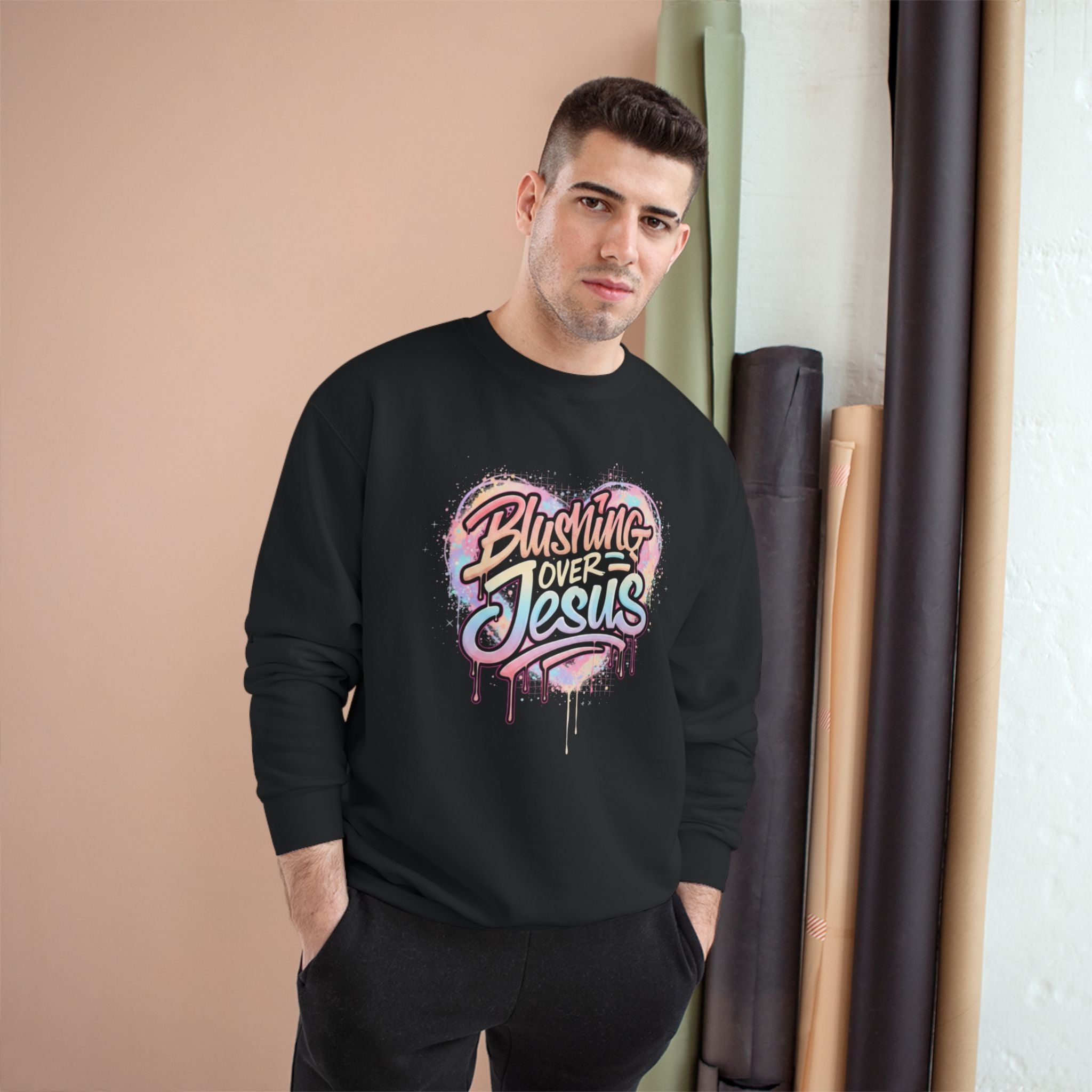 Champion Sweatshirt — "Blushing Over Jesus" Pastel Gospel Crewneck