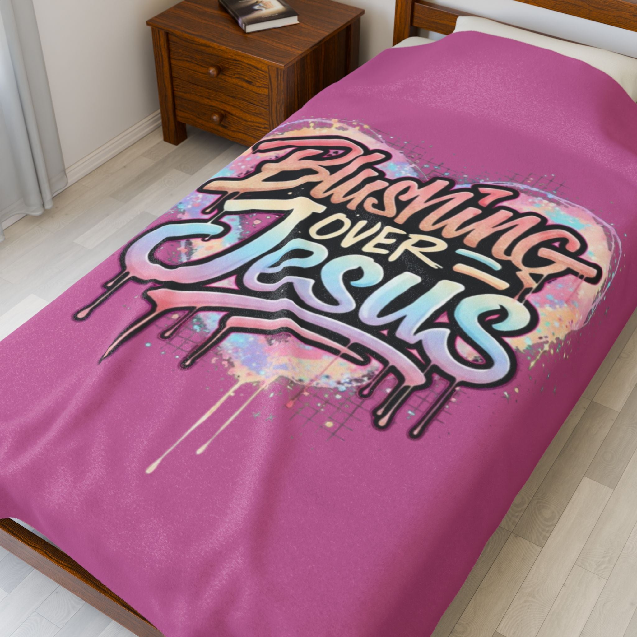 Blushing Over Jesus Velveteen Plush Blanket — Pastel Heart Christian Throw