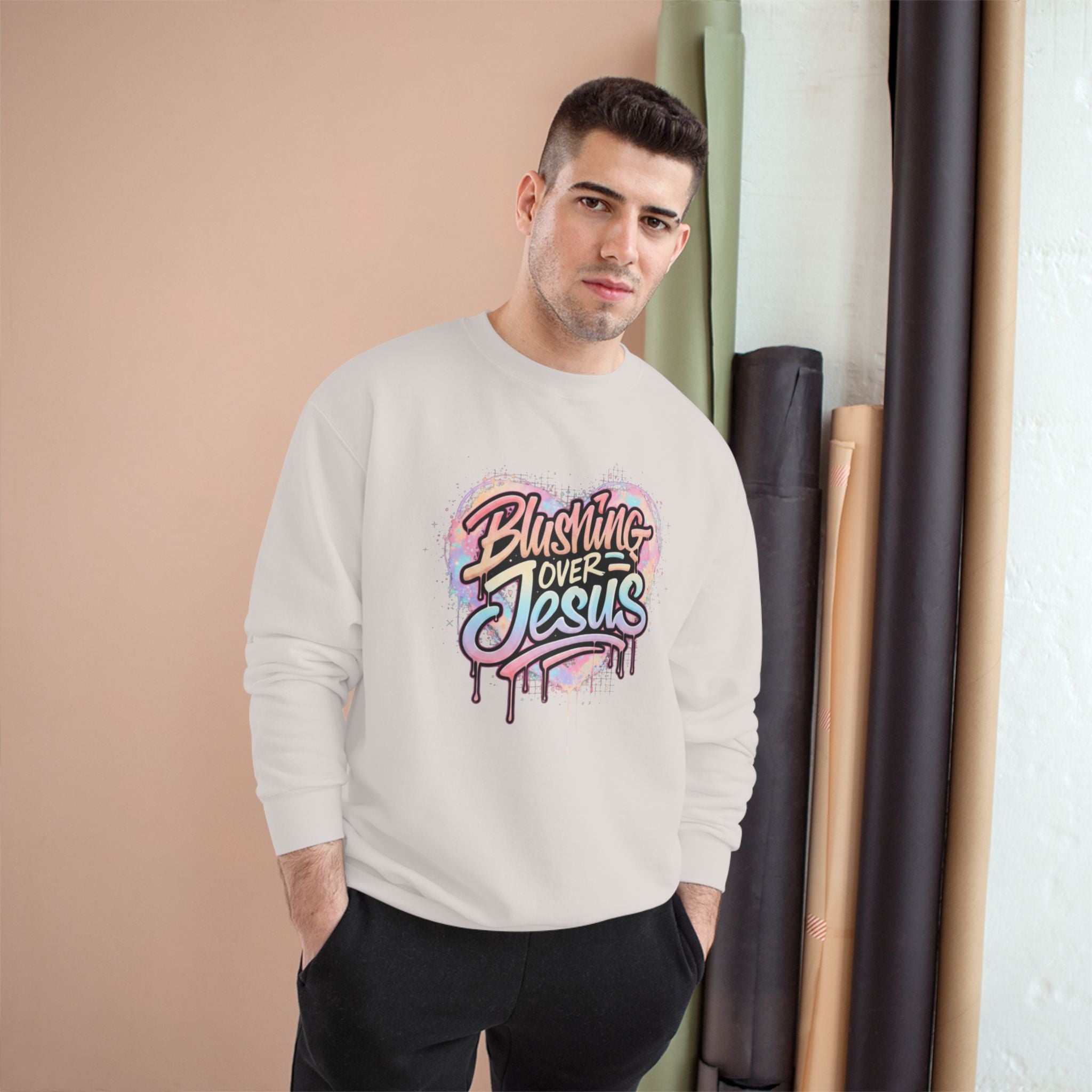 Champion Sweatshirt — "Blushing Over Jesus" Pastel Gospel Crewneck