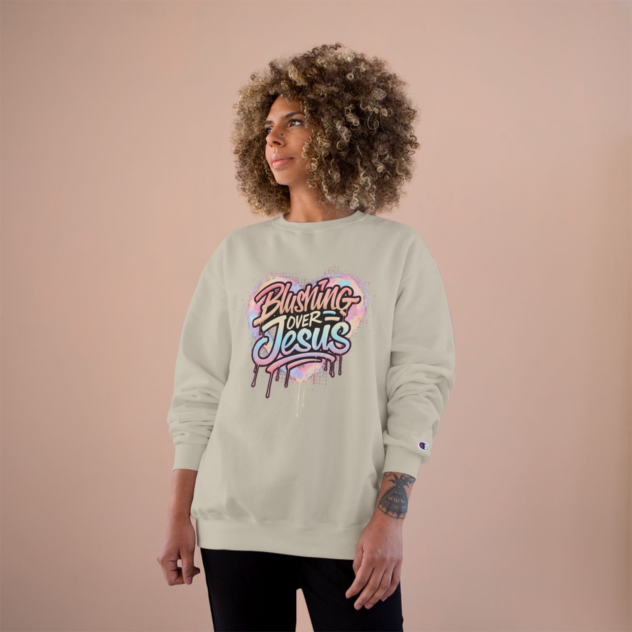 Champion Sweatshirt — "Blushing Over Jesus" Pastel Gospel Crewneck