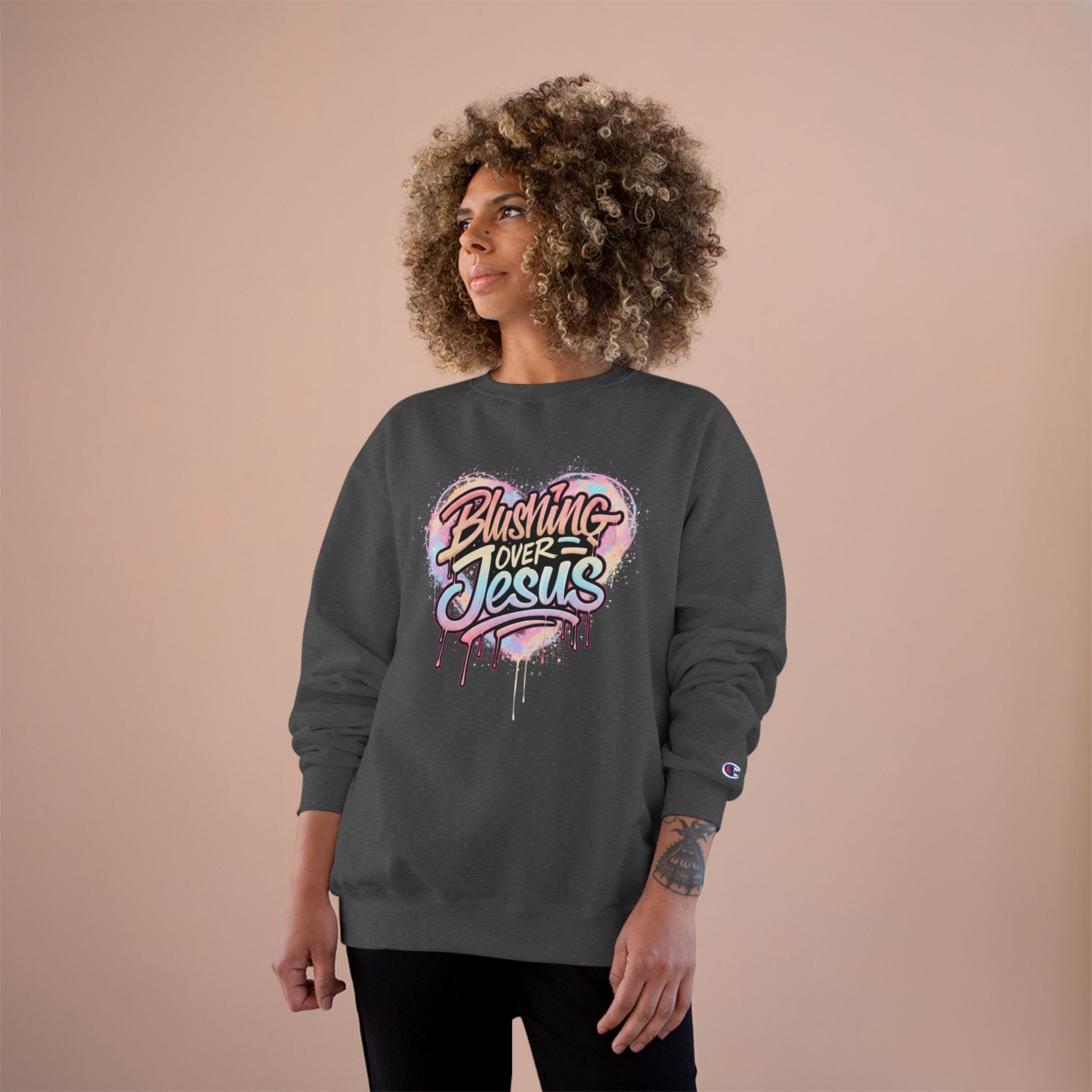 Champion Sweatshirt — "Blushing Over Jesus" Pastel Gospel Crewneck