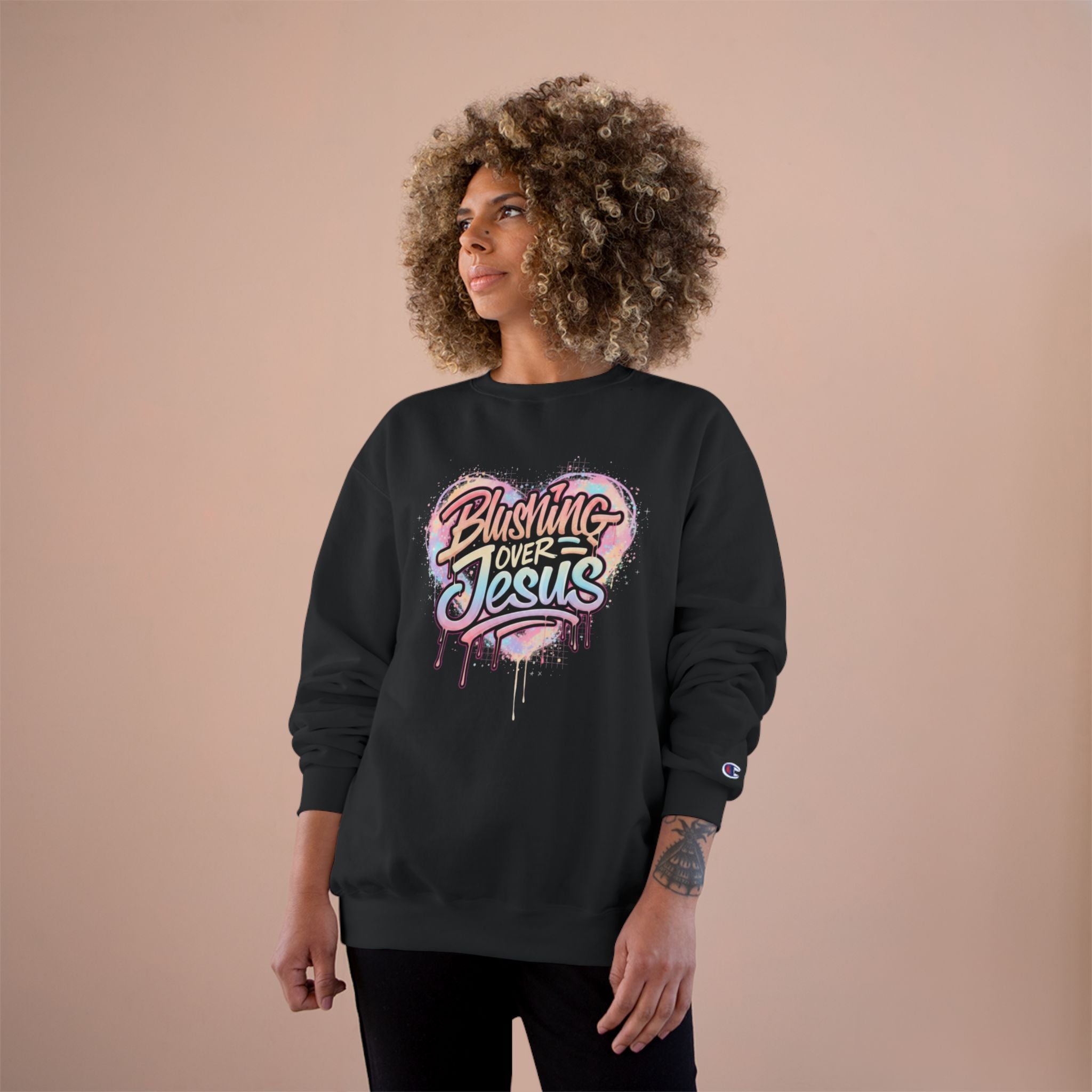Champion Sweatshirt — "Blushing Over Jesus" Pastel Gospel Crewneck