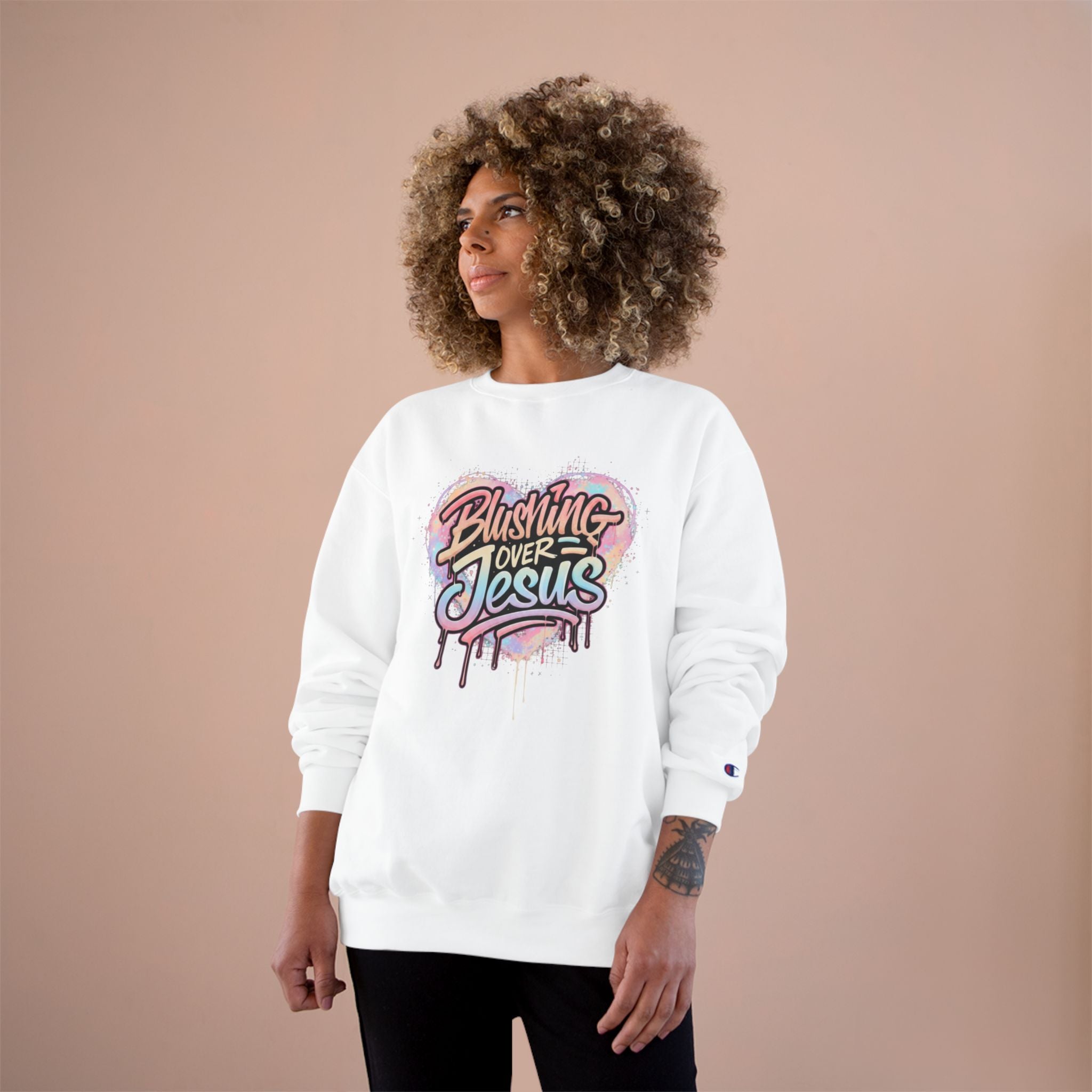 Champion Sweatshirt — "Blushing Over Jesus" Pastel Gospel Crewneck