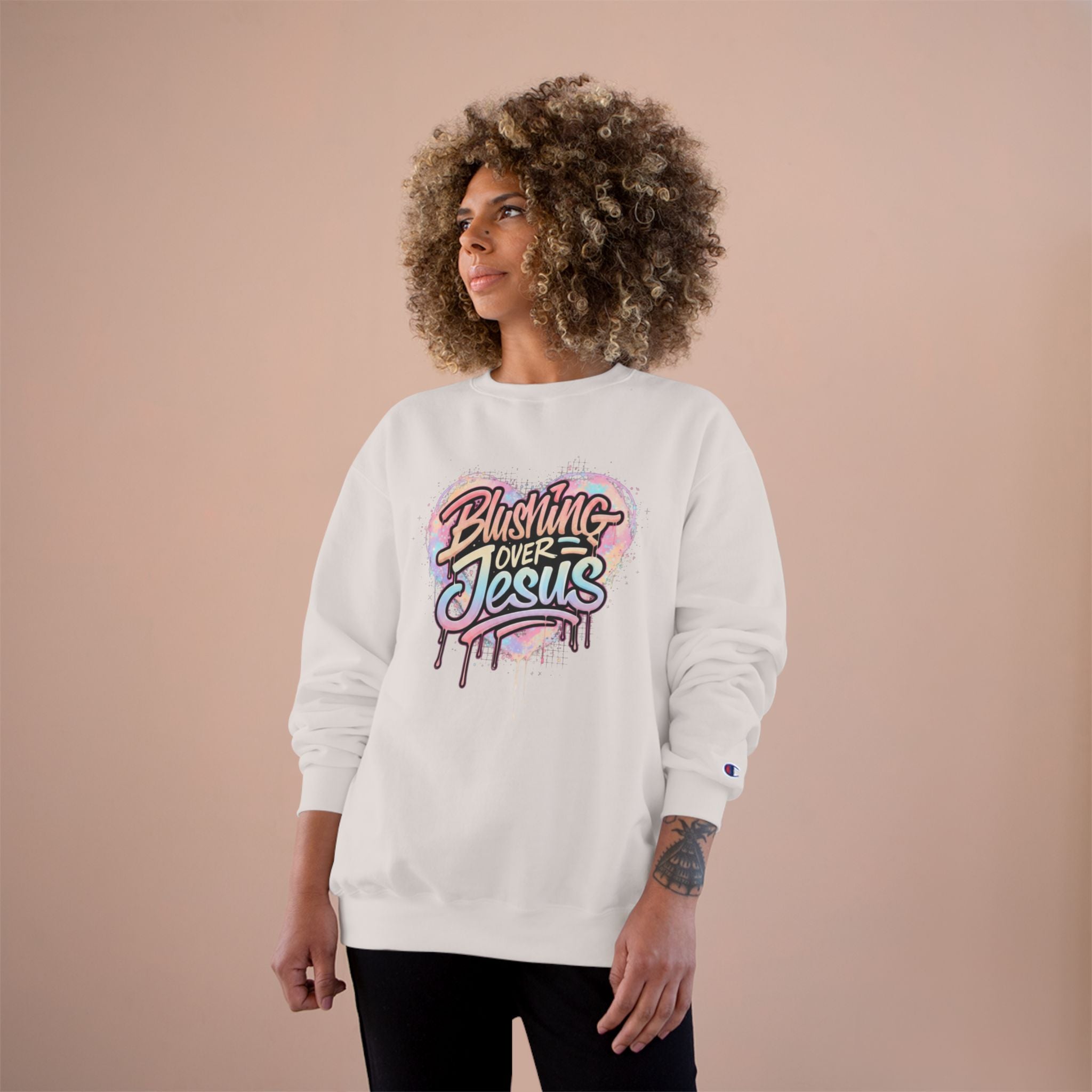 Champion Sweatshirt — "Blushing Over Jesus" Pastel Gospel Crewneck